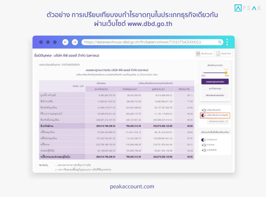 ตัวอย่าง การเปรียบเทียบงบกำไรขาดทุนในธุรกิจประเภทเดียวกัน