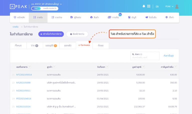 Tab ตรวจสอบใบกำกับภาษีขายที่ส่ง e-Tax Invoice สำเร็จ