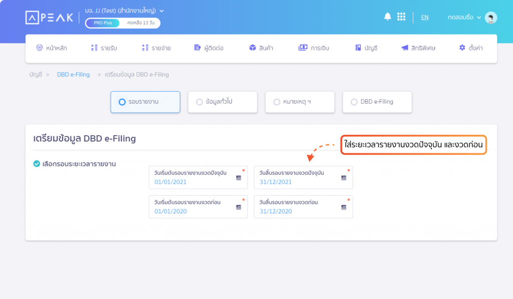 ตัวอย่างหน้าแสดงข้อมูล และปุ่มเตรียมข้อมูล DBD e-Filing