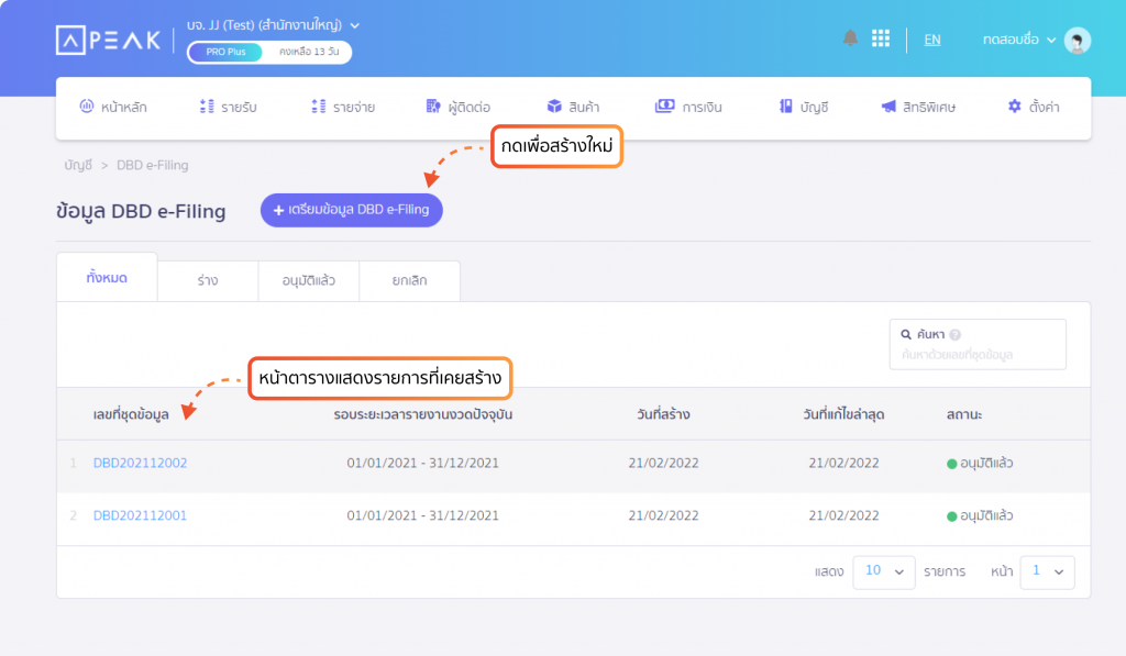 ตัวอย่างหน้าแสดงข้อมูล และปุ่มเตรียมข้อมูล DBD e-Filing