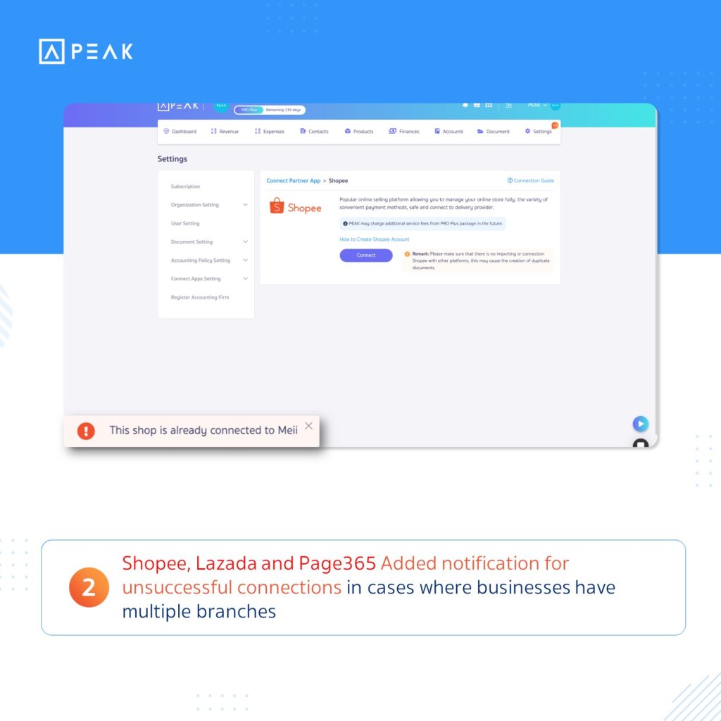 Shopee, Lazada and Page365 Added notification for unsuccessful connections in cases where businesses have multiple branches