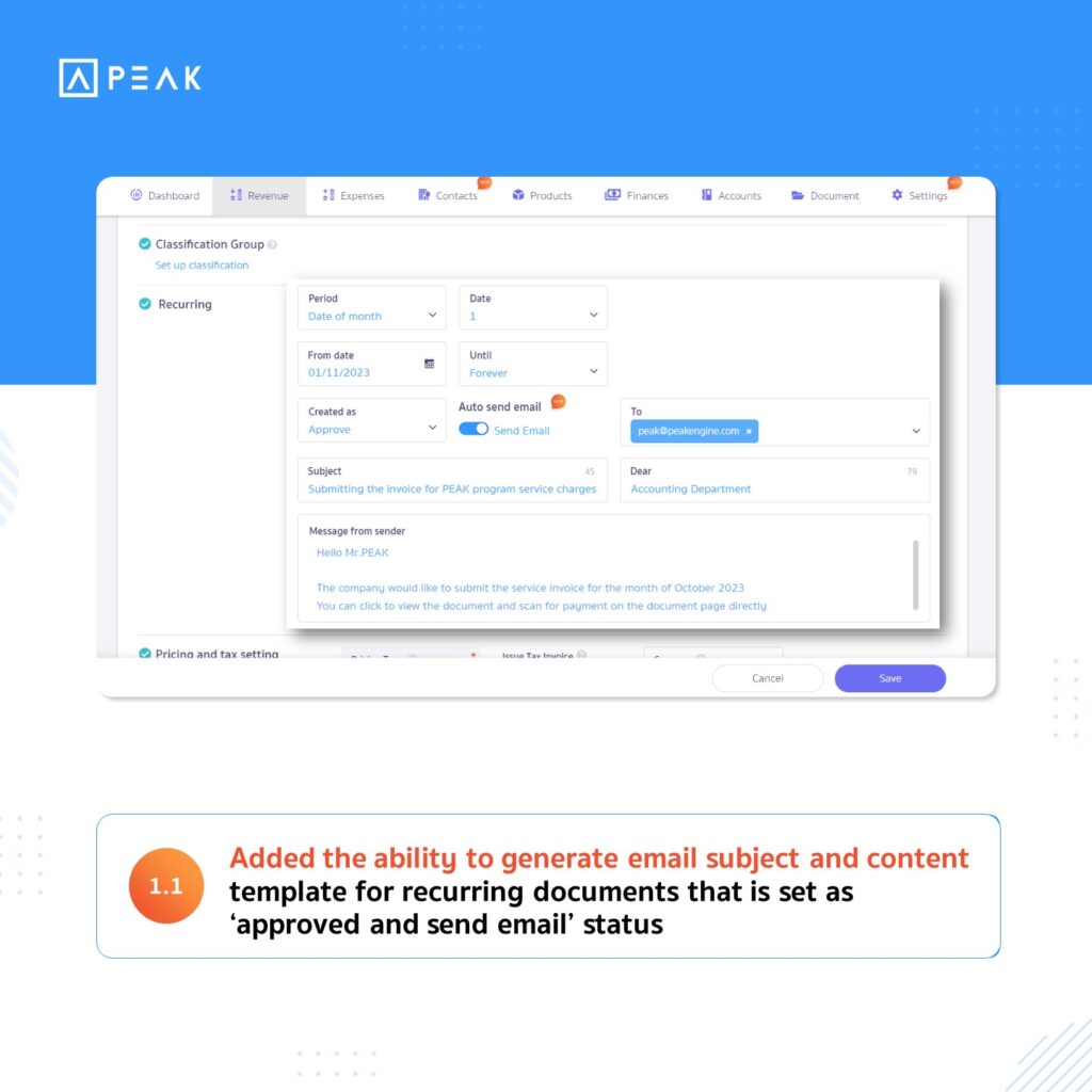 1.1 Added the ability to generate email subject and content template for recurring documents that is set as ‘approved and send email’ status 