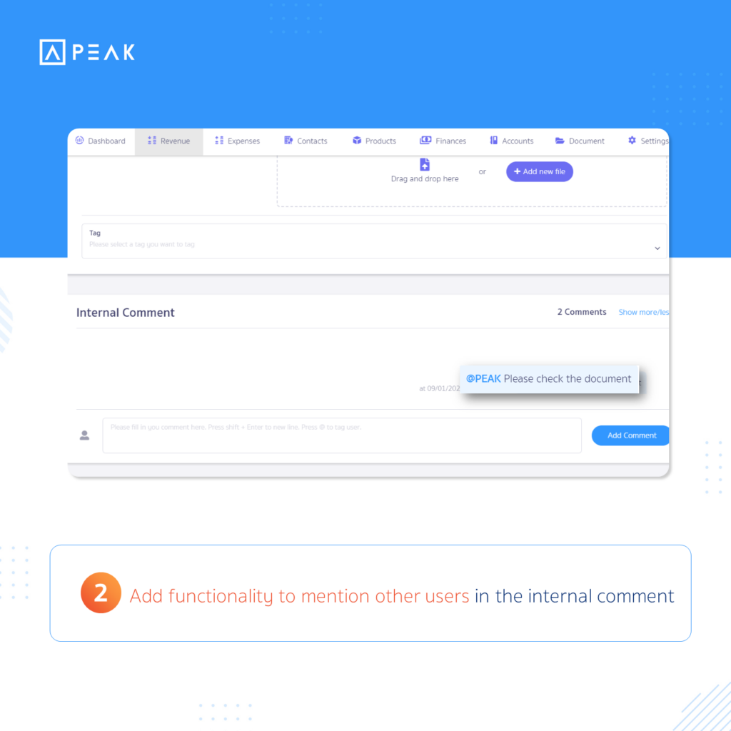 2. Add functionality to mention other users in the internal comment