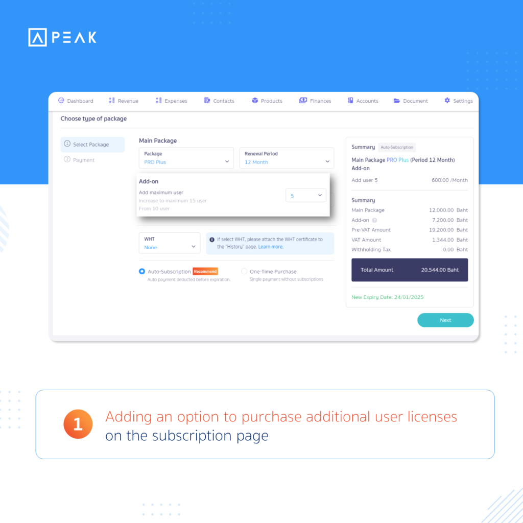 Adding an option to purchase additional user licenses on the subscription page