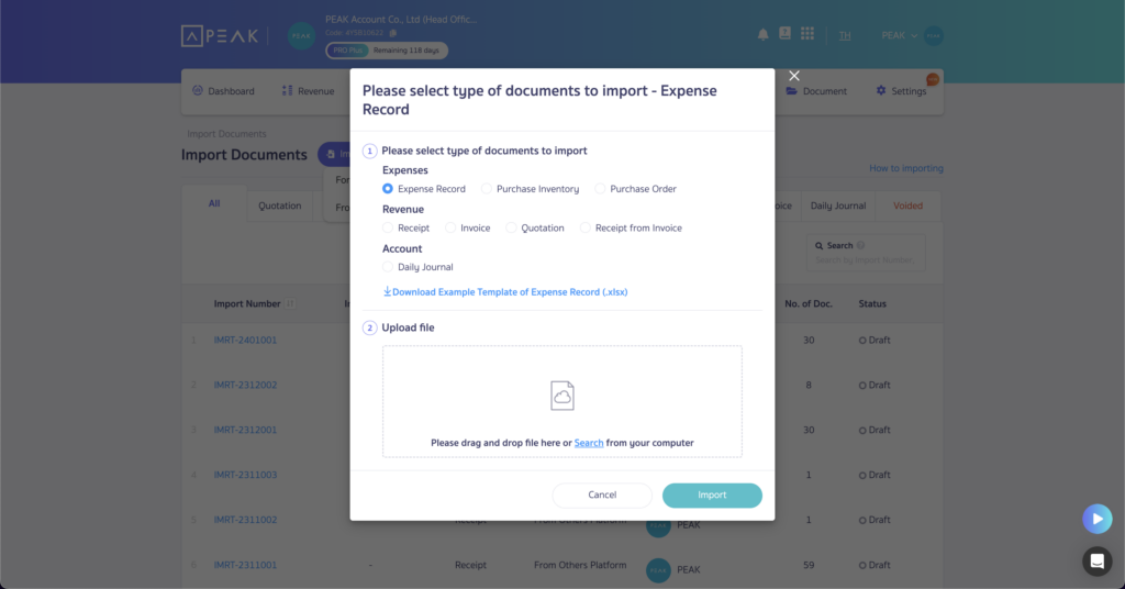 Adjust the document import type selection pag