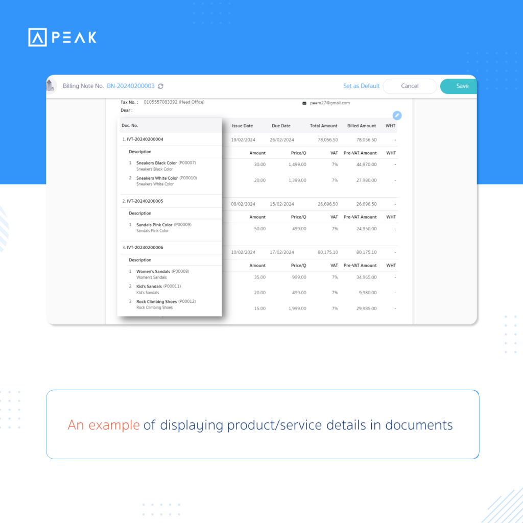 An example of displaying product/service details in documents