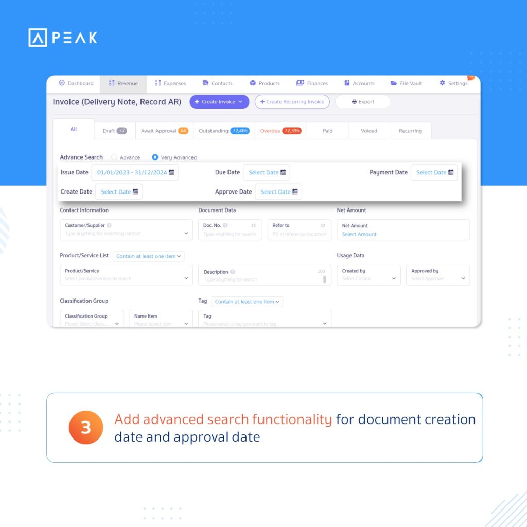 Add advanced search functionality for document creation date and approval date