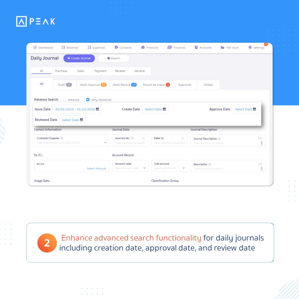 Enhance advanced search functionality for daily journals including creation date, approval date, and review date