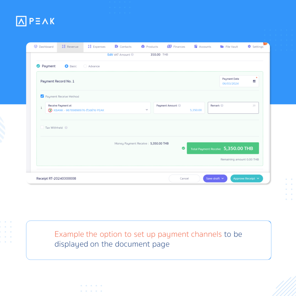 Example the option to set up payment channels to be displayed on the document page