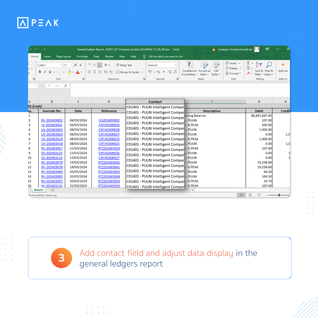 Add contact field and adjust data display in the general ledgers report