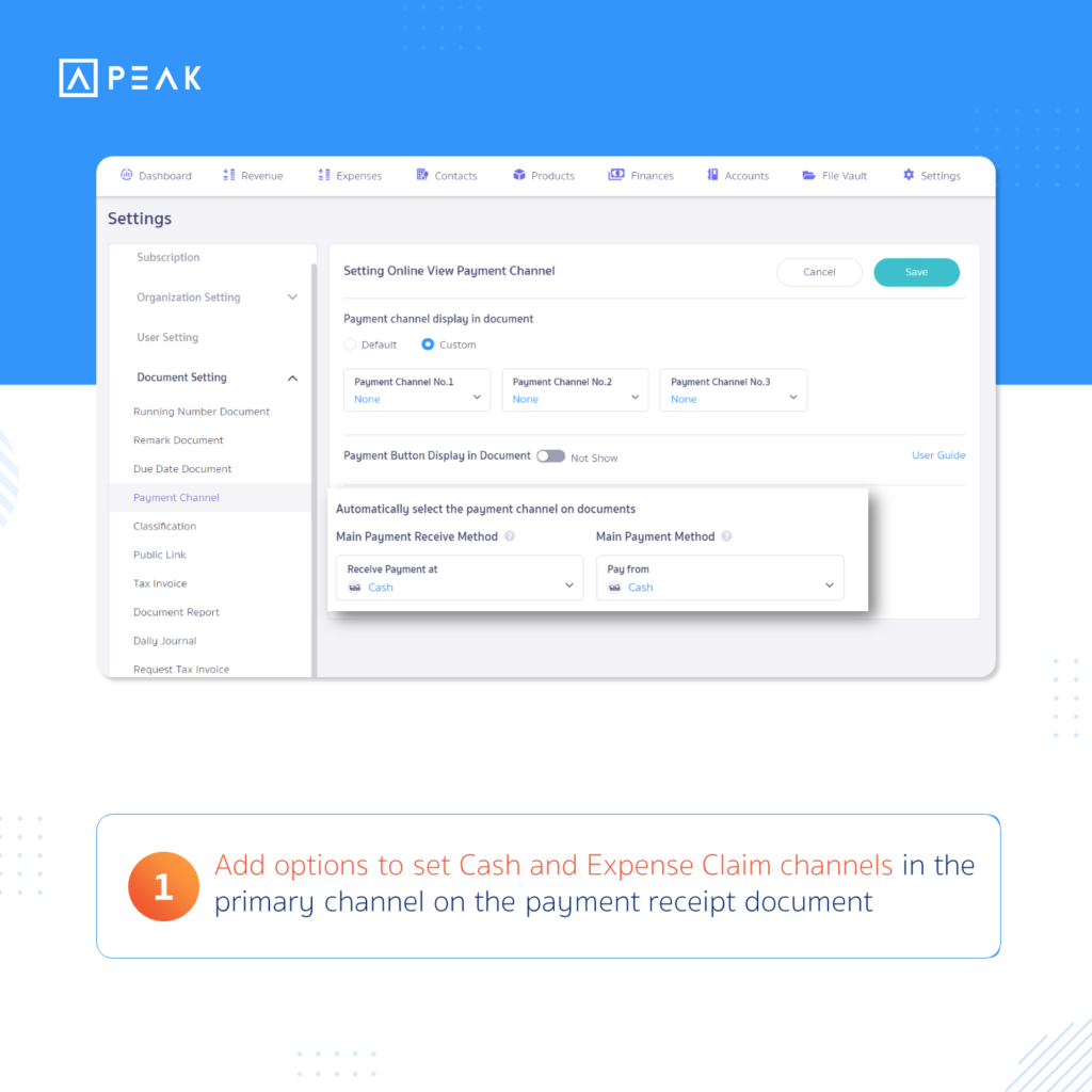 Add options to set cash and expense claim channels in the primary channel on the payment receipt document