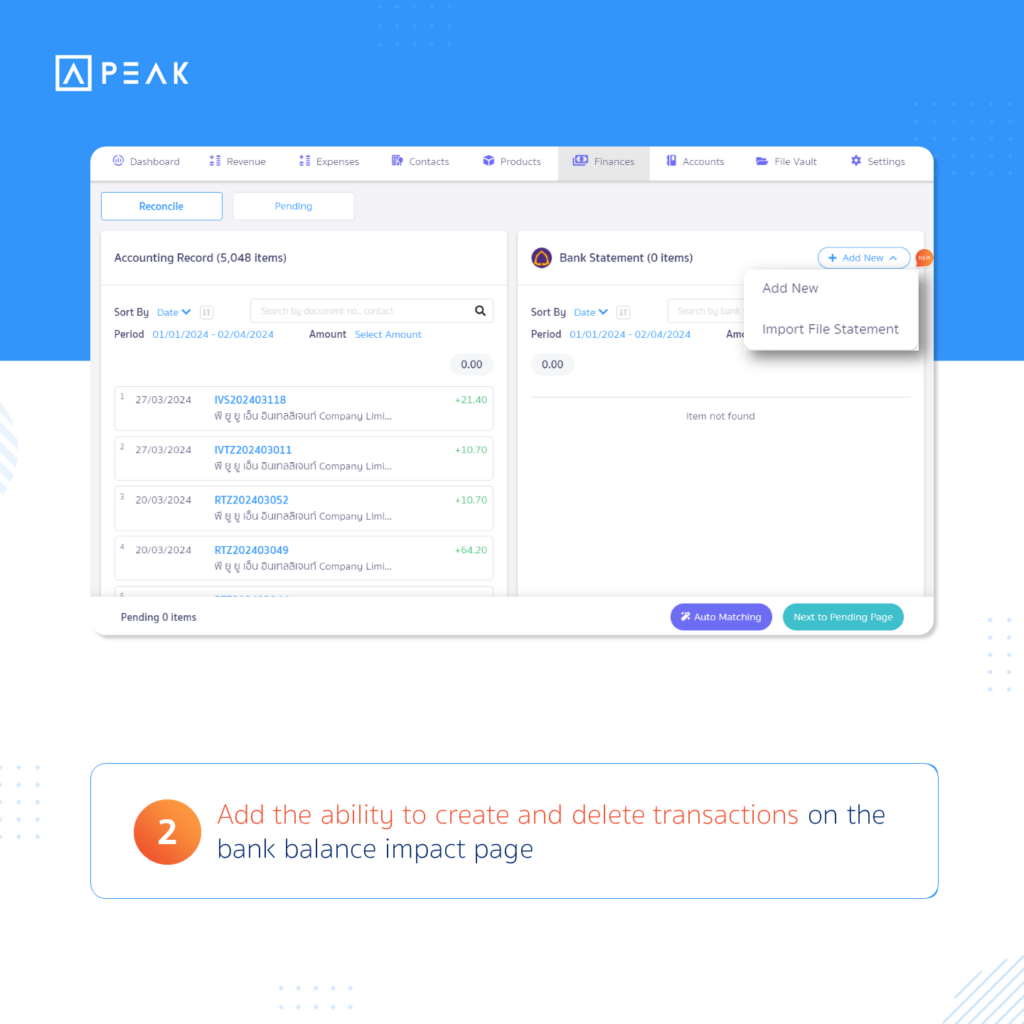 Add the ability to create and delete transactions on the bank balance impact page