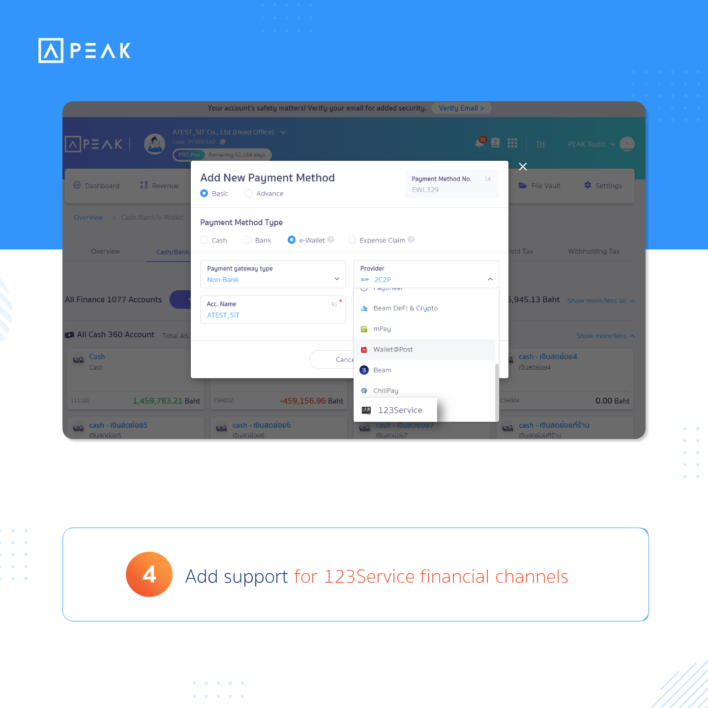 Screen for add support for 123Service financial channels