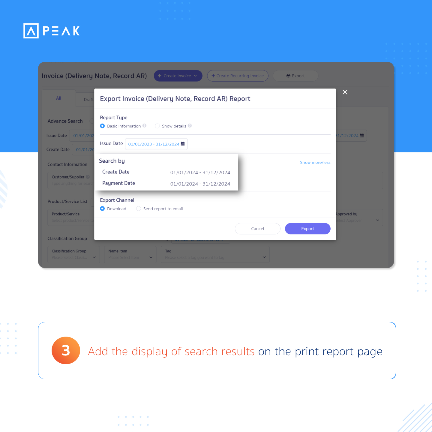 Screen for add the display of search results on the print report page
