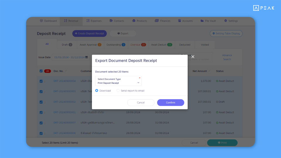 Update-Function-en2.1 Added functionality for Print up to 20 deposit receipts and deposit payment documents