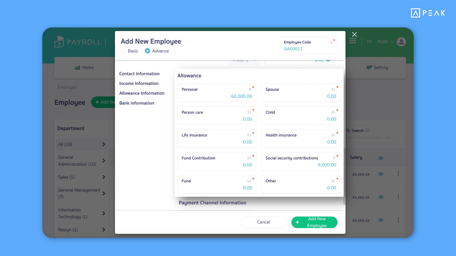 Added deduction options in PEAK Payroll