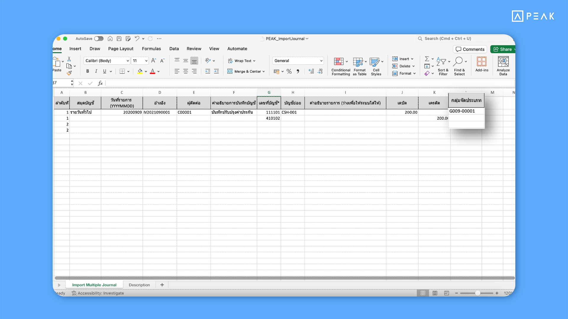 PEAK Update Function Import journal entries with category grouping.