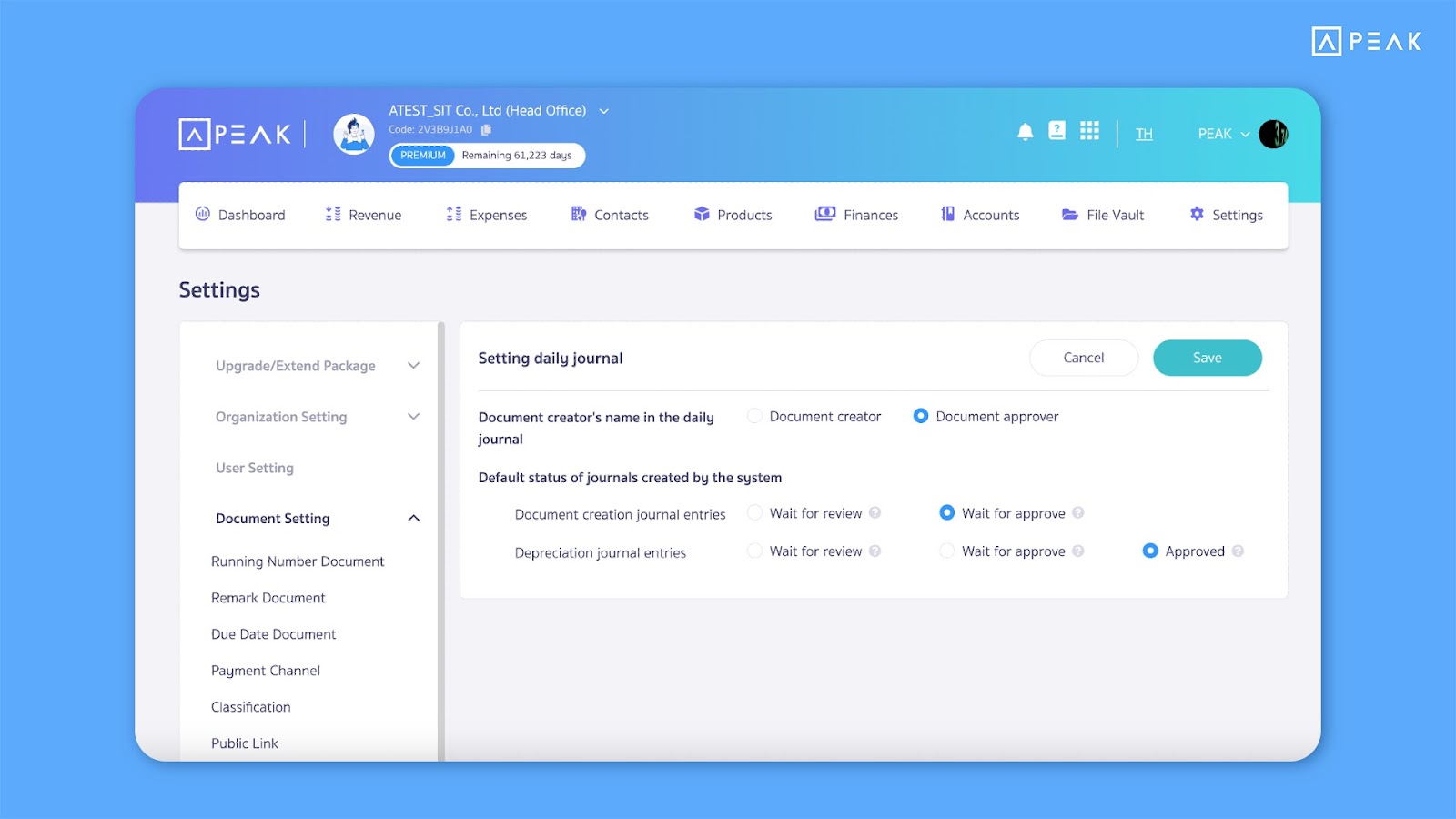 PEAK  Update Function : Add default status settings for journal entries