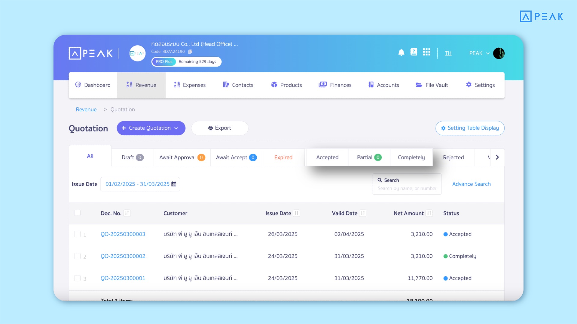 Update-Function-en1.1 Example of Quotation PEAK Statuses