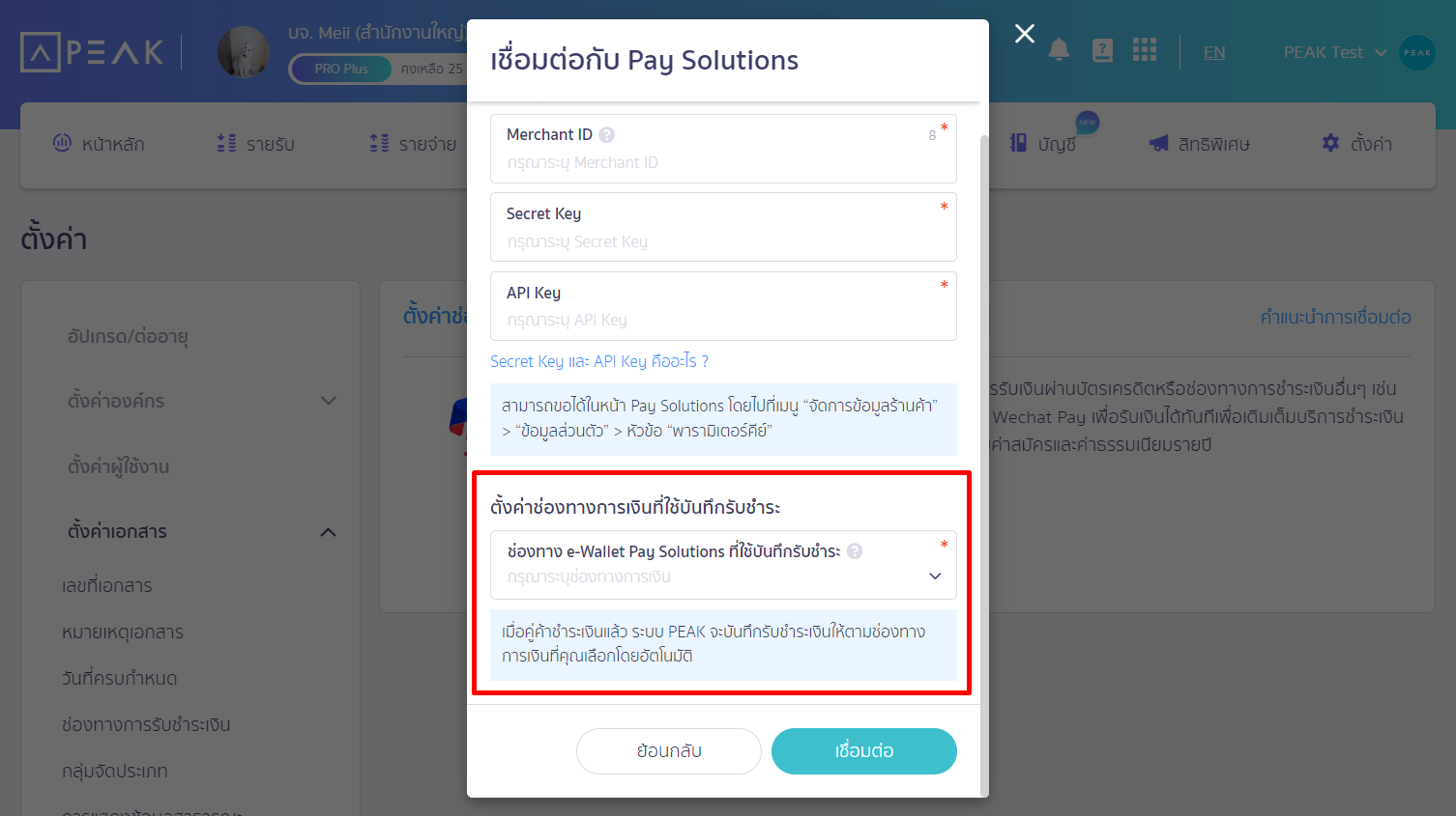ระบุช่องทางการเงิน Pay Solutions ใน PEAK