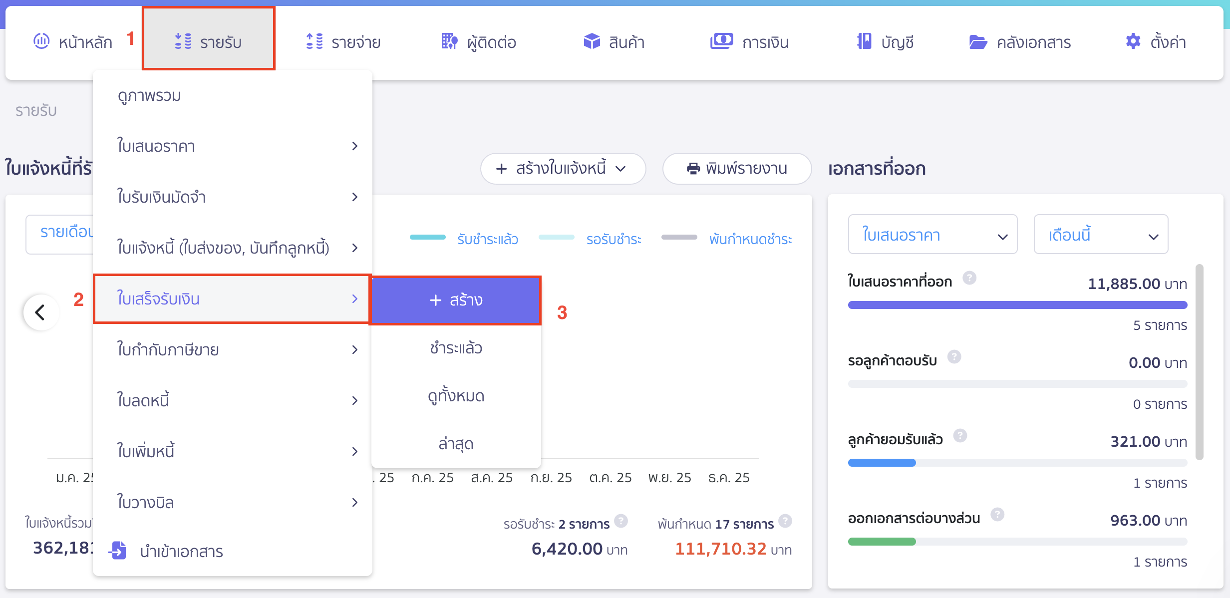 การสร้างใบเสร็จรับเงินไว้เป็นรายการโปรด ไปที่เมนูรายรับ