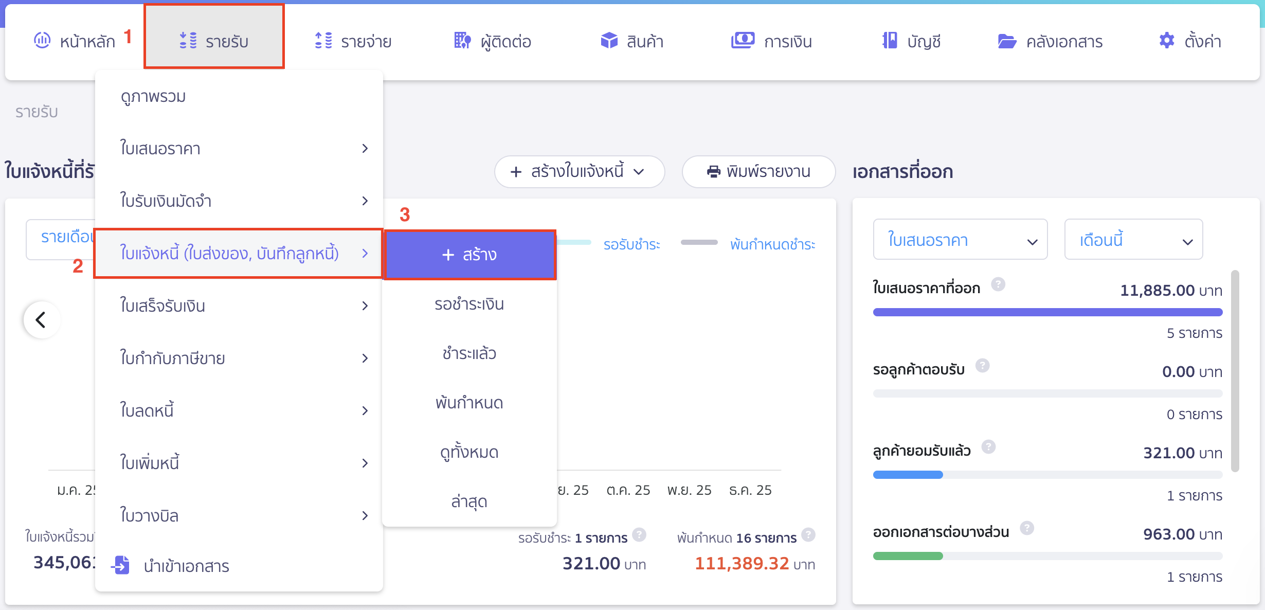 สร้างใบแจ้งหนี้ โดยไปที่เมนูรายรับ