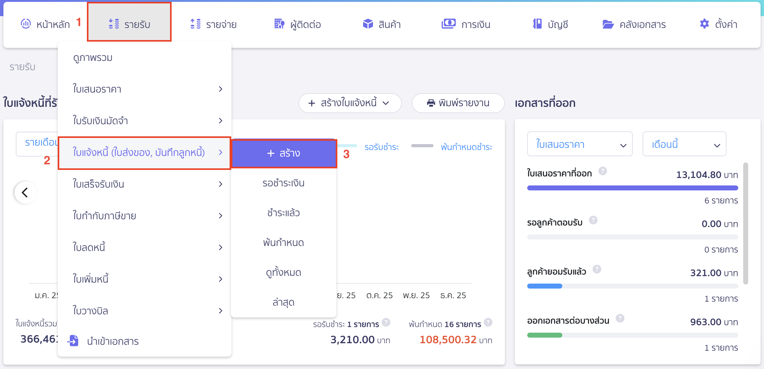 สร้างใบแจ้งหนี้/ใบกำกับภาษี โดยไปที่เมนูรายรับ