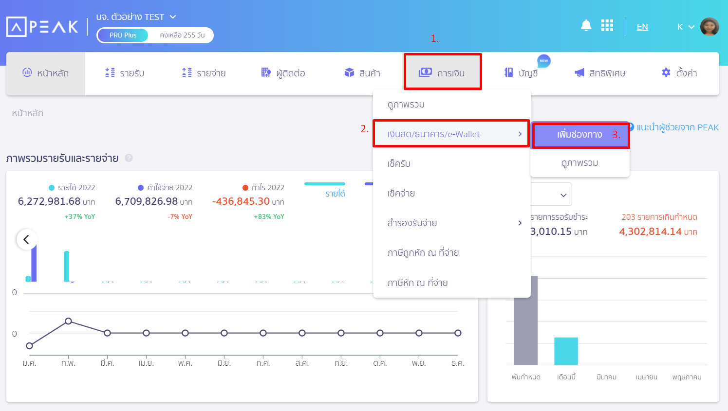 สร้างบัญชีบัตรเครดิต ไปที่เมนูการเงิน เลือก เงินสด/ธนาคาร/e-Wallet เพิ่มช่องทาง ใน PEAK