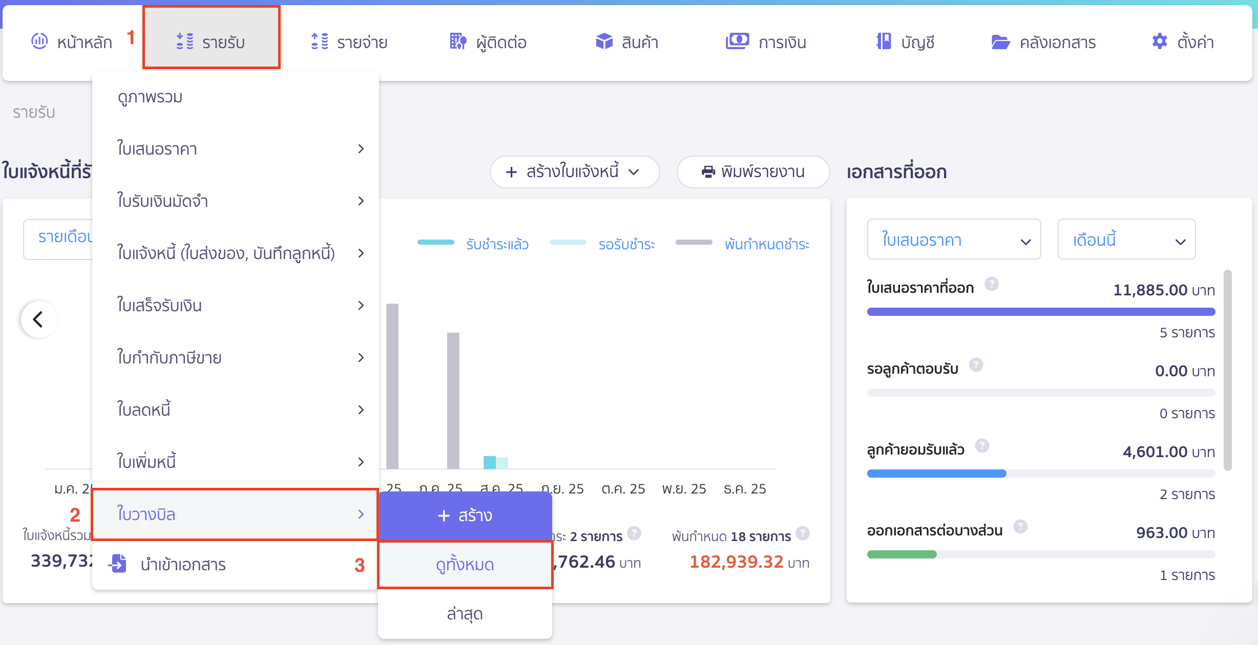 แก้ไขใบวางบิล  โดยเข้าที่เมนูรายรับ