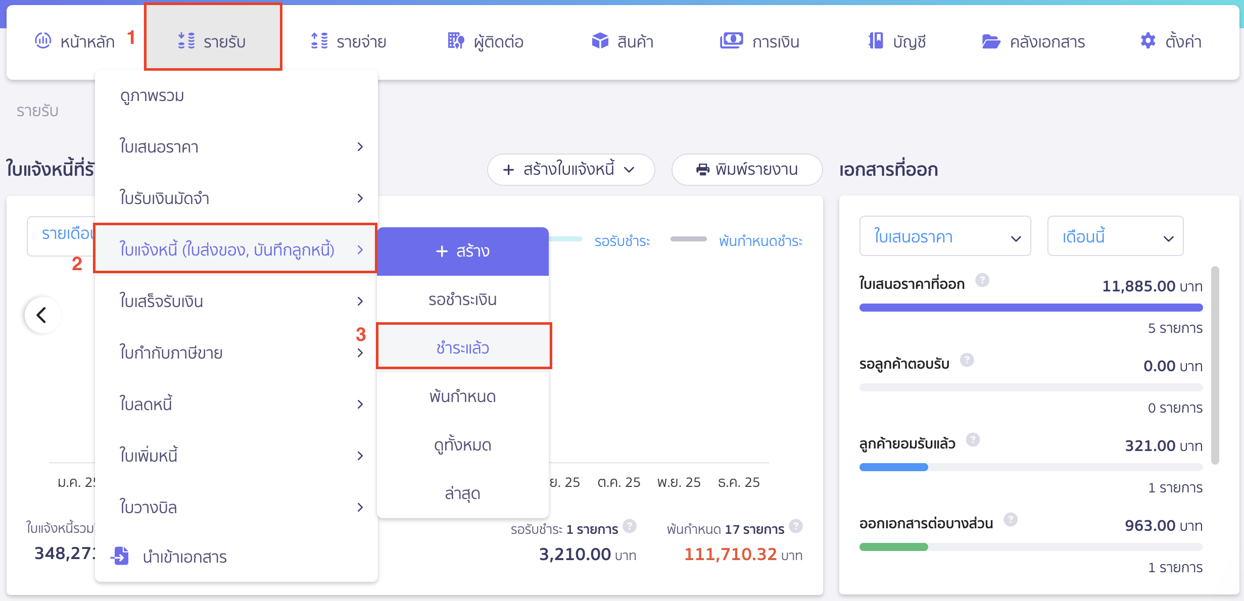 แก้ไขใบแจ้งหนี้ ไปที่เมนูรายรับ