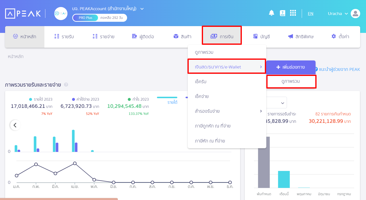แก้ไข/ยกเลิก กระทบยอดธนาคาร ใน PEAK โดยไปที่เมนูการเงิน เงินสด/ธนาคาร/e-wallet กดดูภาพรวม