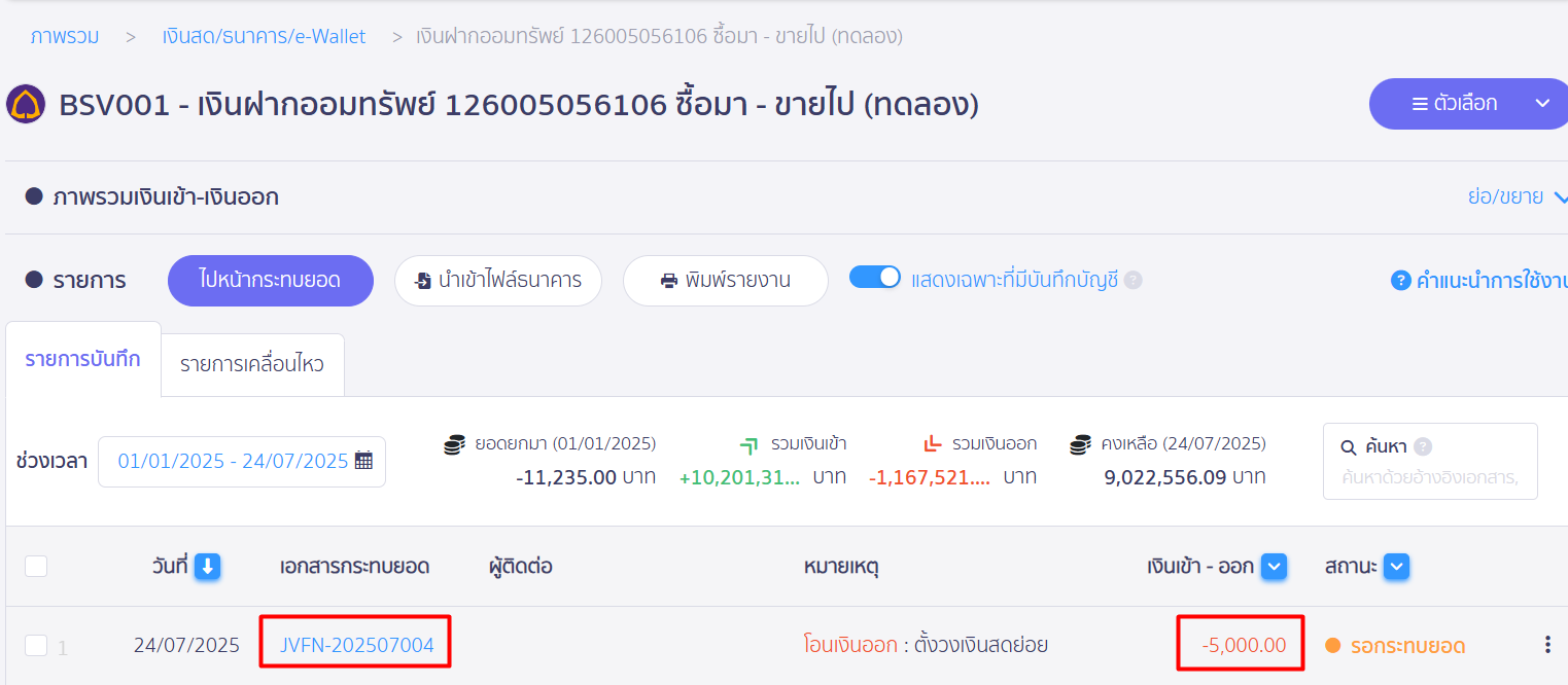 ตัวอย่างหน้าการเงิน ตอนโอนไปเงินสดย่อย ใน PEAK