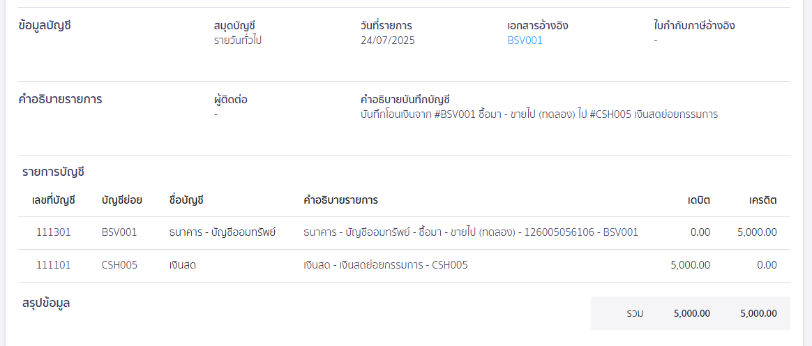ตัวอย่างการบันทึกบัญชีตอนโอนไปเงินสดย่อย ใน PEAK