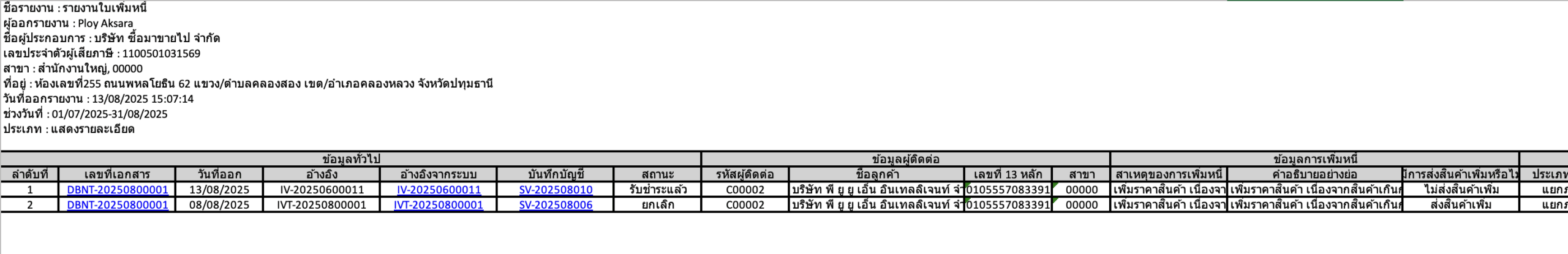 พิมพ์รายงานใบเพิ่มหนี้ ตัวอย่างรายงานแบบแสดงรายละเอียด