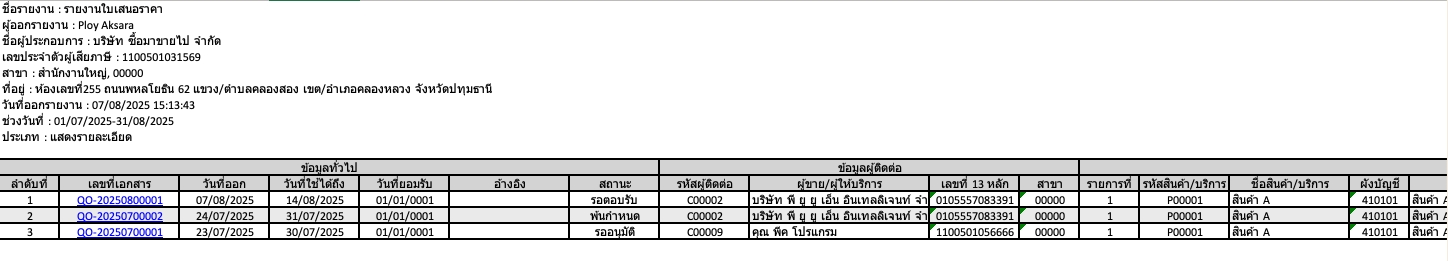 พิมพ์รายงานใบเสนอราคา ตัวอย่าง รายงานรายงานใบเสนอราคา แบบแสดงรายละเอียด