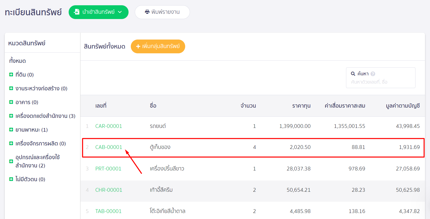 เลือกกลุ่มสินทรัพย์ที่ต้องการพิมพ์รายงานจากเมนูด้านซ้าย ใน PEAK ASSET