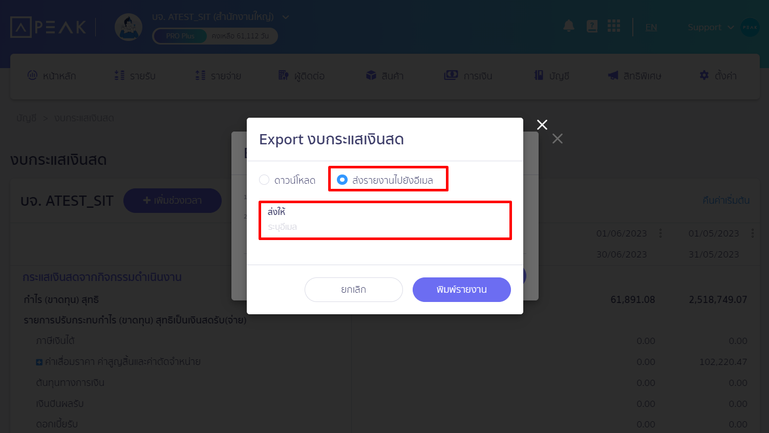 กดปุ่มพิมพ์รายงาน จะได้รายงานทางอีเมลเป็นไฟล์ Excel ใน PEAK