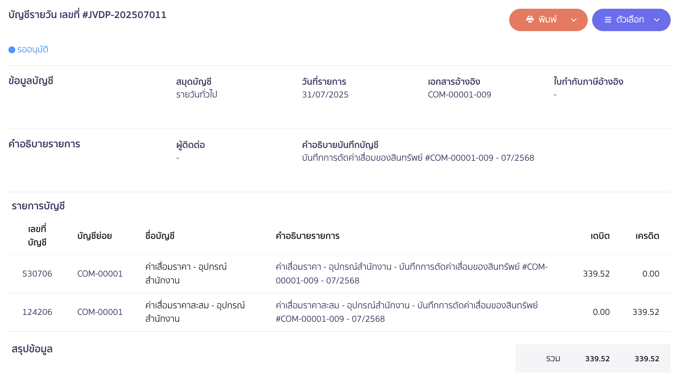 ตัวอย่าง การบันทึกค่าเสื่อมที่สมุดรายวัน