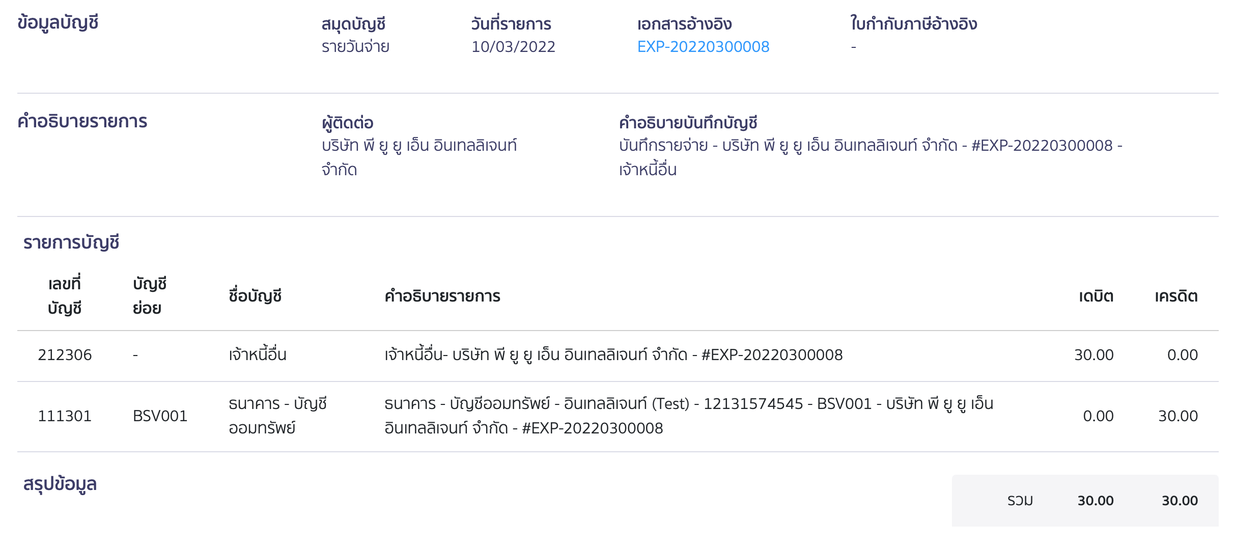 บันทึกกรณีจ่ายเงินขาด ตัวอย่างการบันทึกบัญชี ใน PEAK