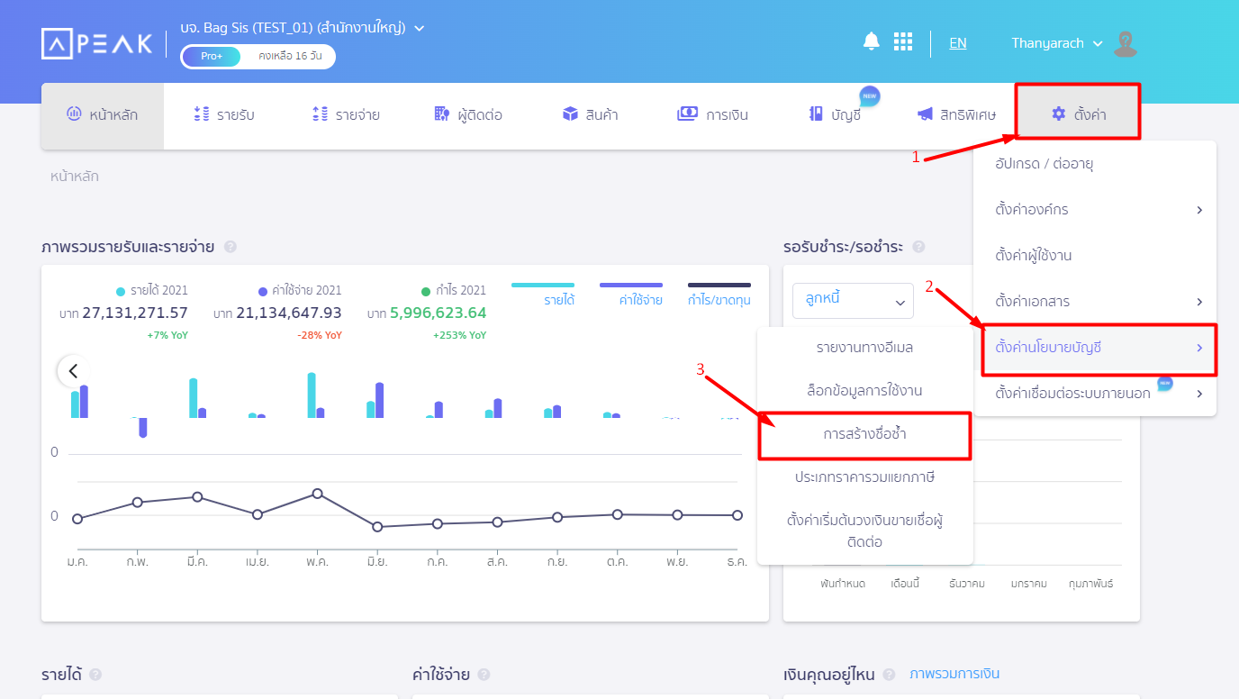 ตั้งค่าการสร้างข้อมูลซ้ำ ใน PEAK โดยไปที่หน้าตั้งค่า เลือกตั้งค่านโยบายบัญชี เลือกการสร้างซื่อซ้ำ