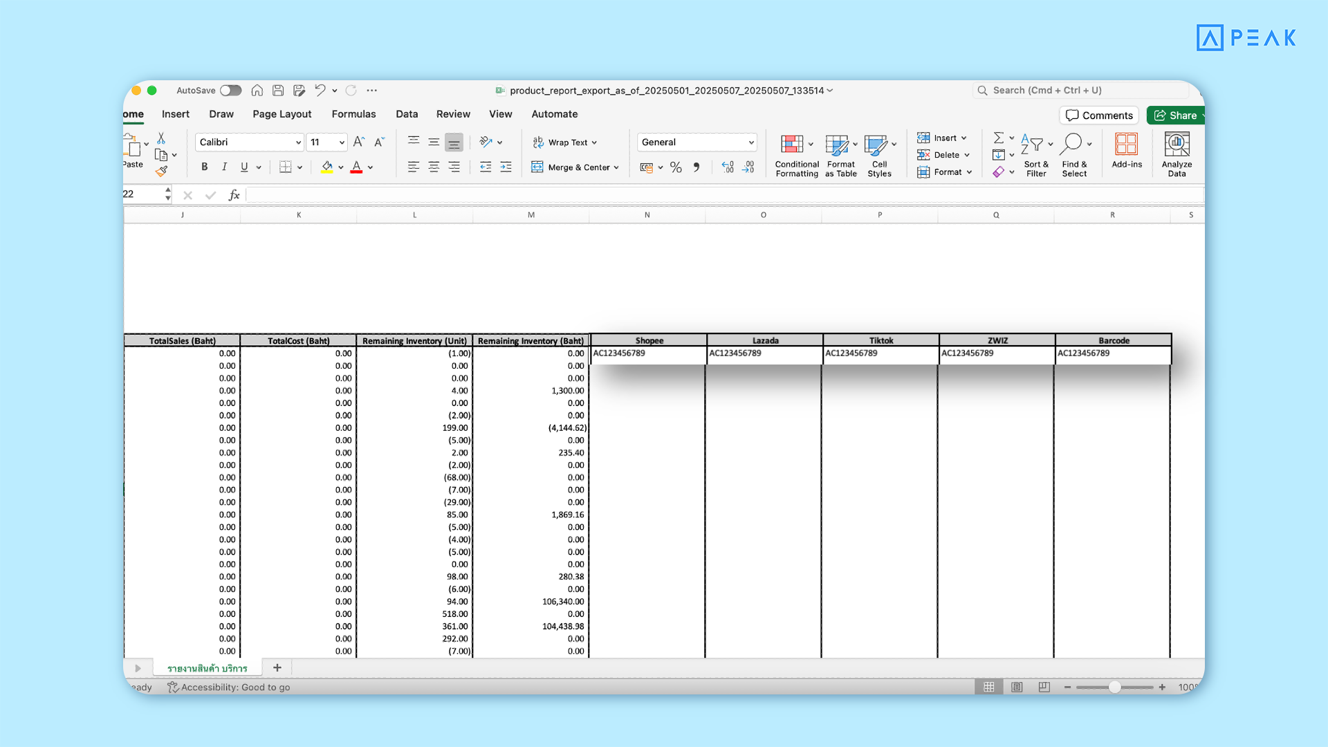 Stock Balance Report with SKU, platform, and barcode details
