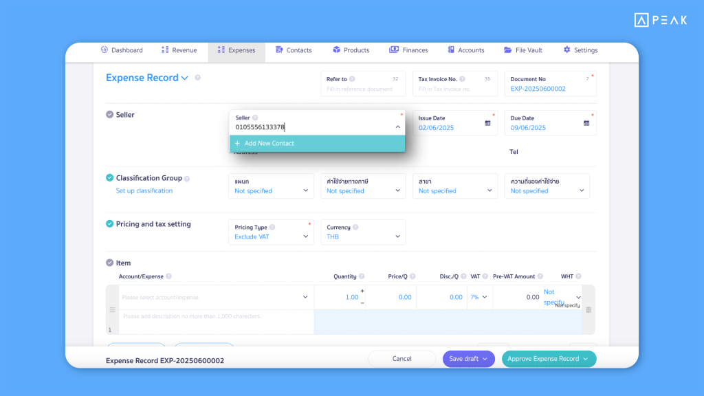 PEAK Update Function -The system now auto-fills the 13-digit number when adding a new contact from the document creation page, reducing steps and speeding up work.