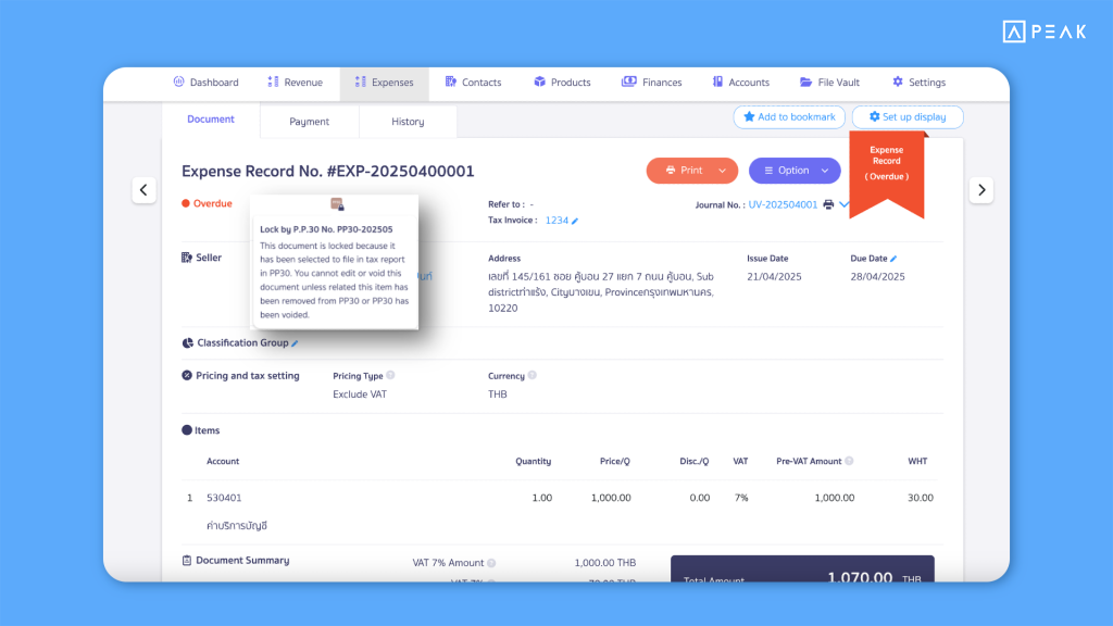 PEAK Update Function 04062025 - Instantly view P.N.D. and P.P.30 form numbers from the document lock icon to make tax document checking easier.