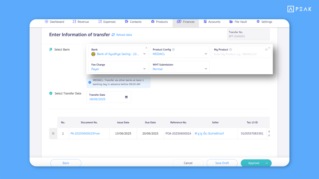 Support for creating bulk bank transfer files via Krungsri Bank (BAY) - Update Function PEAK EN 18/06/2025