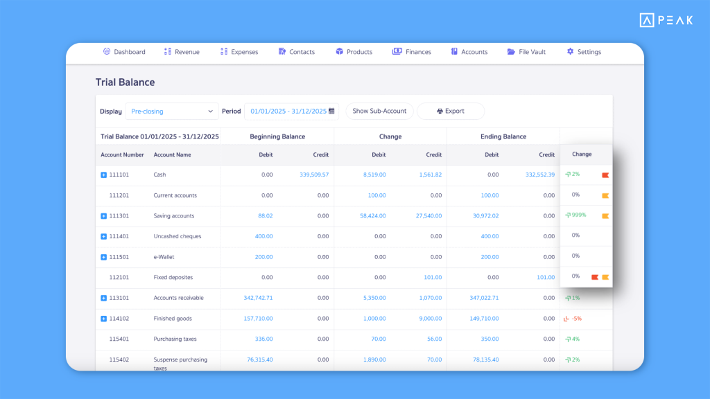PEAK Update Function 04062025- Changed trial balance flag color from orange to yellow for better visibility.