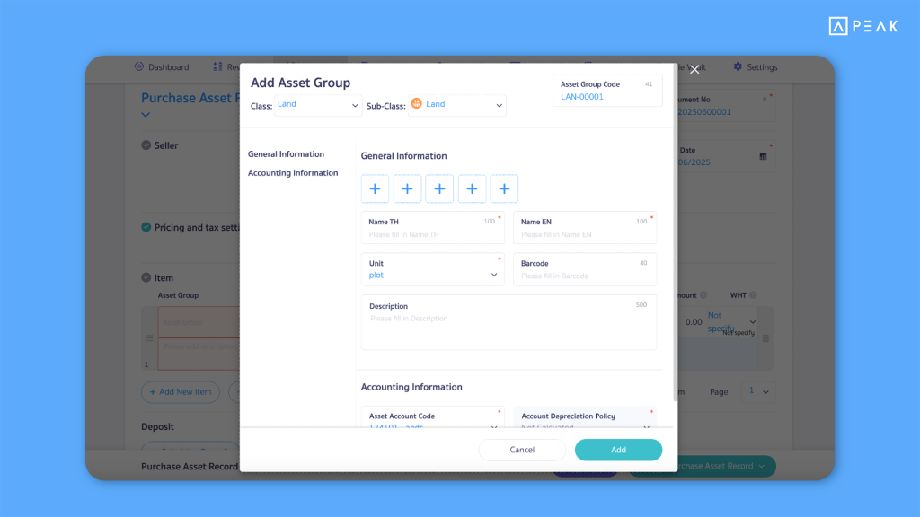 PEAK Update Function 04062025- Users can now add a new asset group directly from the asset purchase document page without having to go into the PEAK Asset feature.