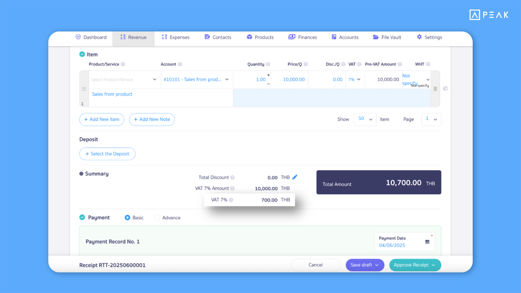 PEAK Update Function 04062025 - Disable editing of VAT amount in income documents to reduce data errors.