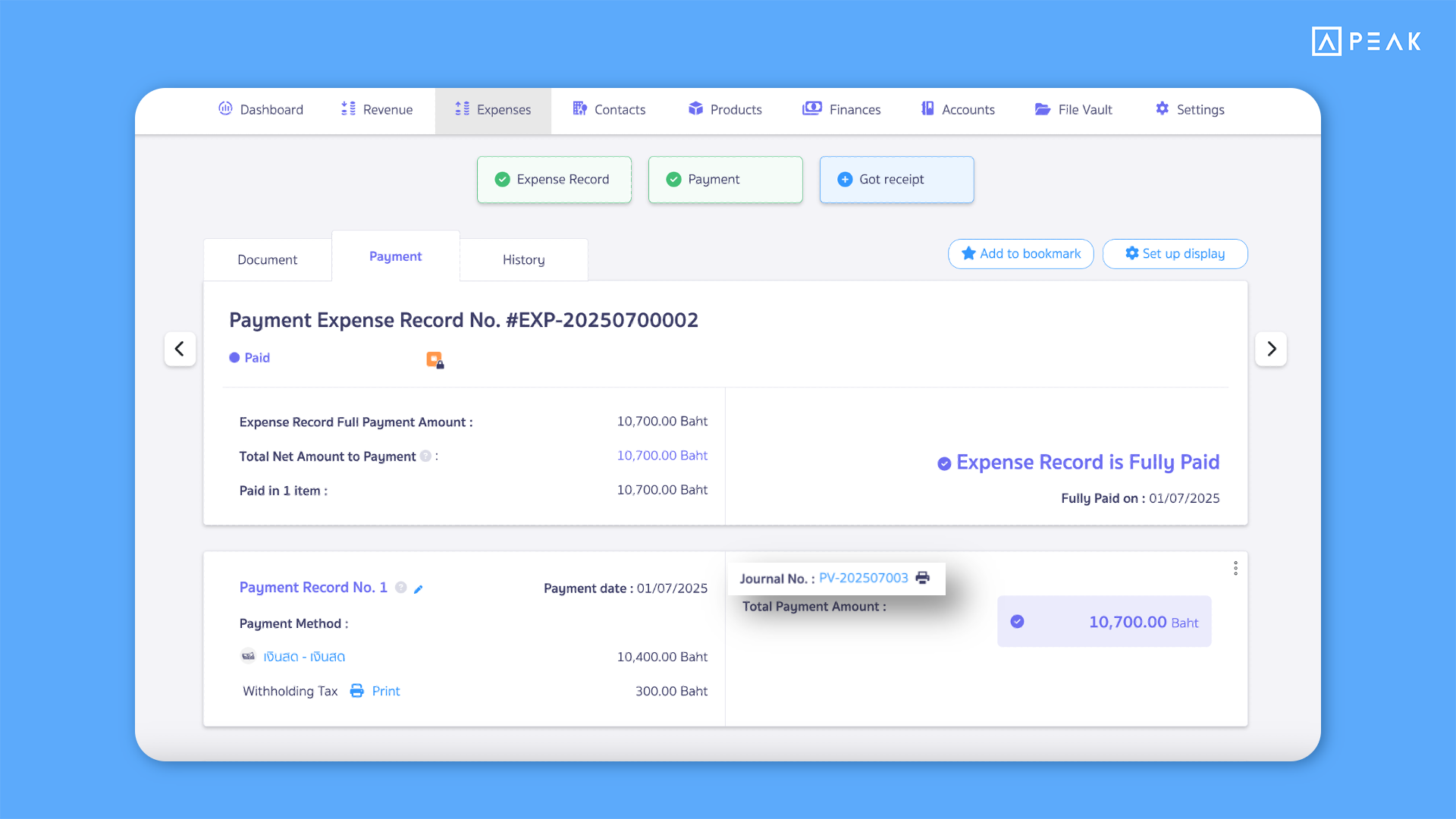 Example of recording payment date earlier than document issue date