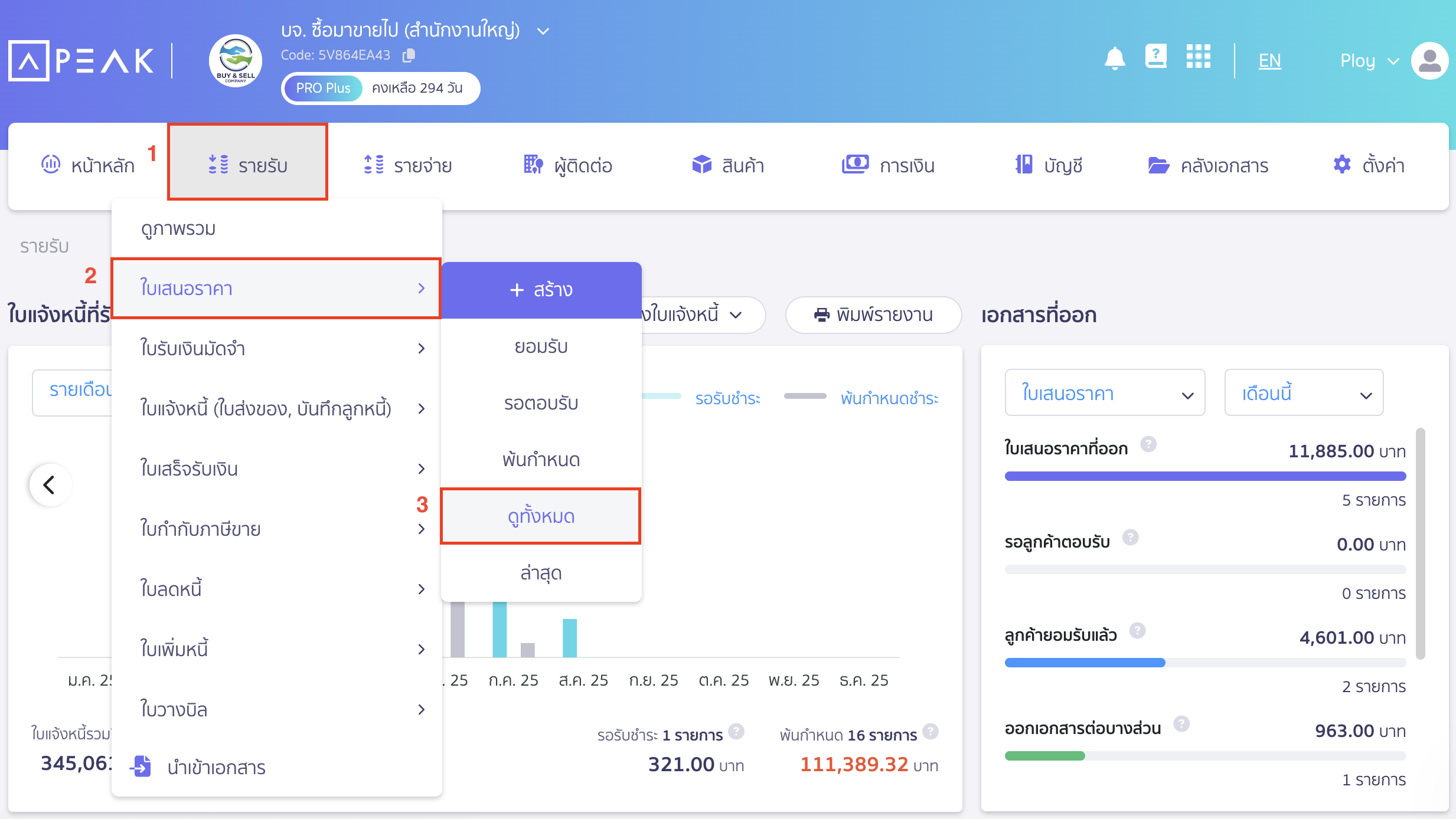 กดเปลี่ยนสถานะใบเสนอราคา โดยไปที่เมนูรายรับ